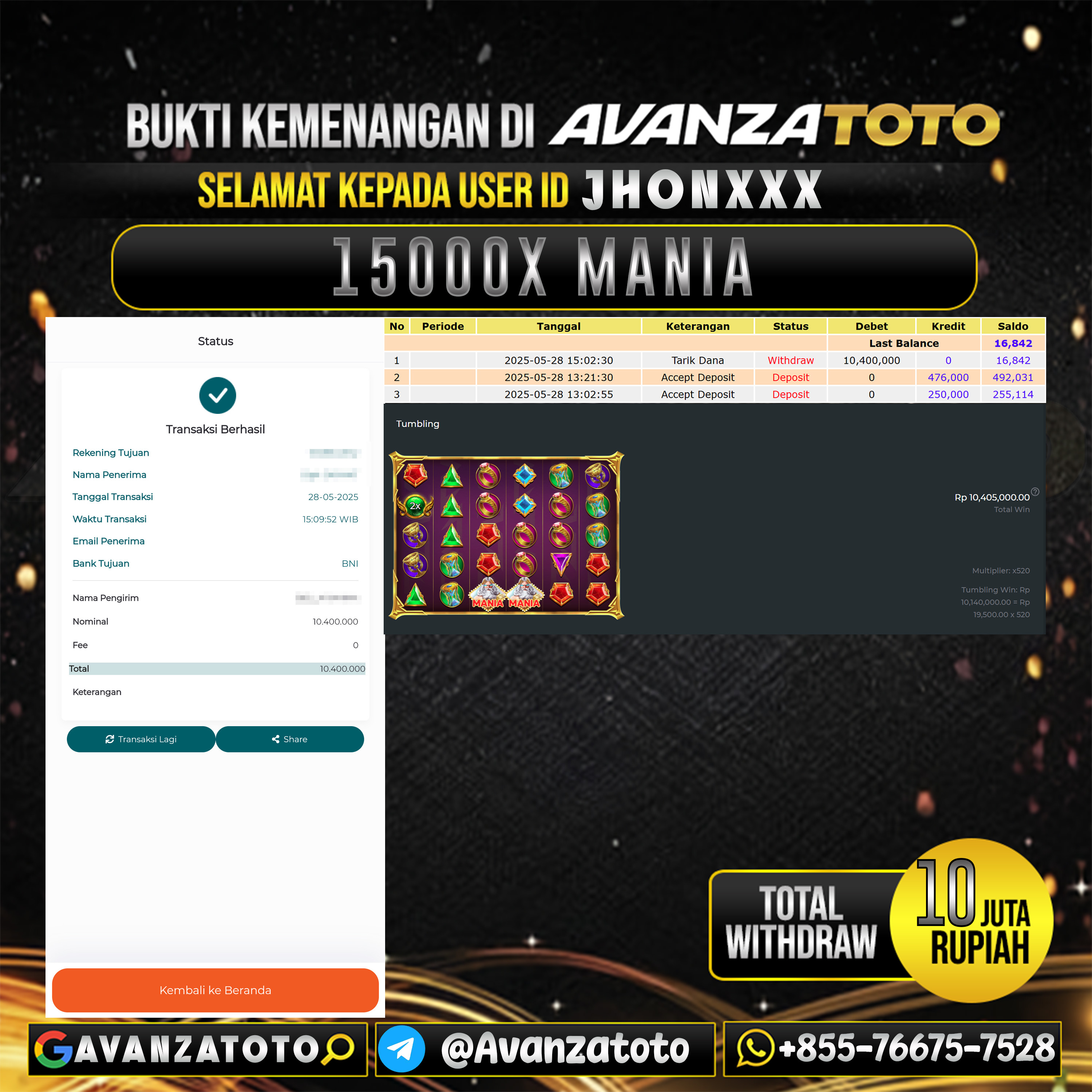 AVANZATOTO JACKPOT SLOT 15000X MANIA Rp.10.000.000,-LUNAS USER ID: JHON***