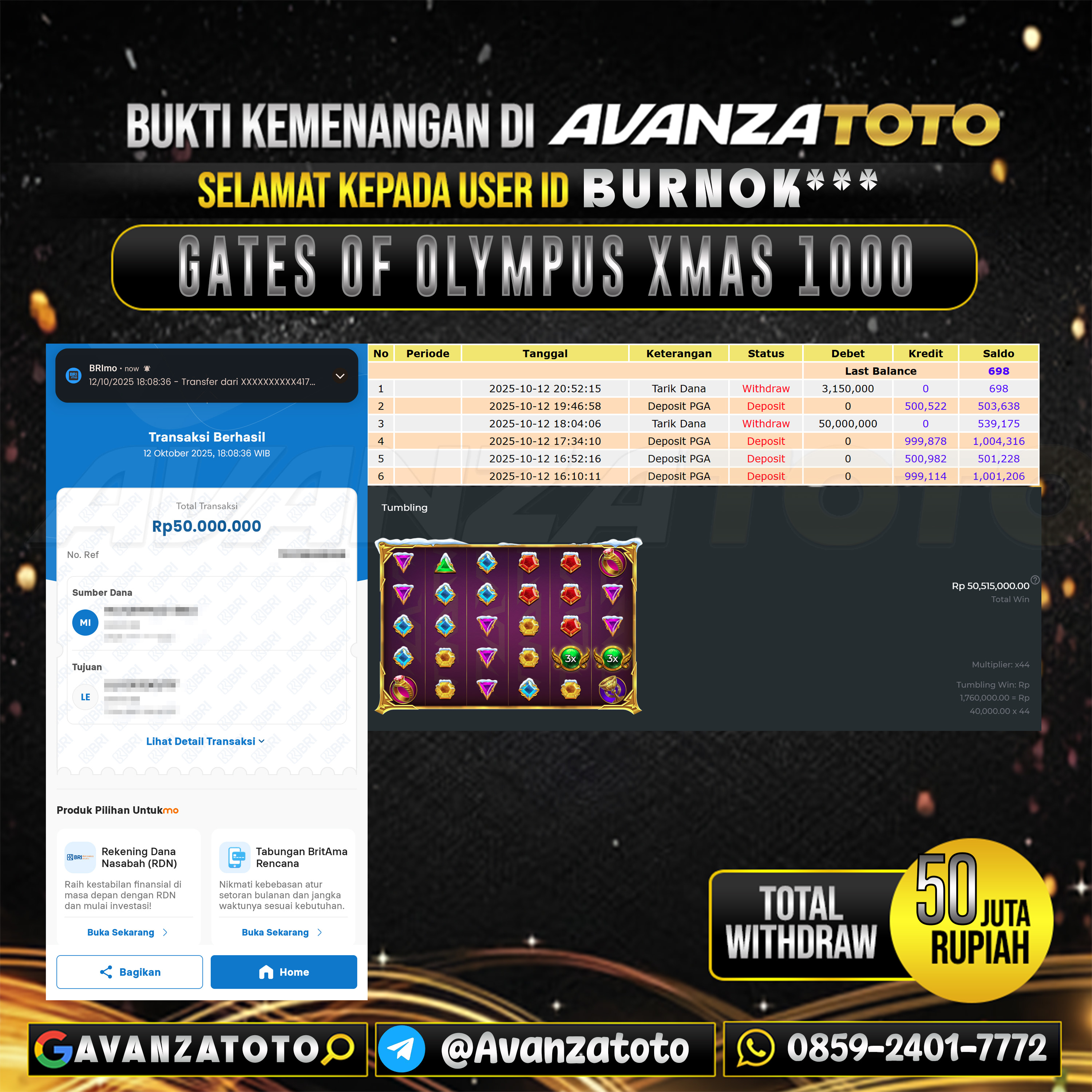 AVANZATOTO JACKPOT SLOT GATES OF OLYMPUS XMAS 1000 Rp.50.000.000,-LUNAS USER ID : BURNOK***