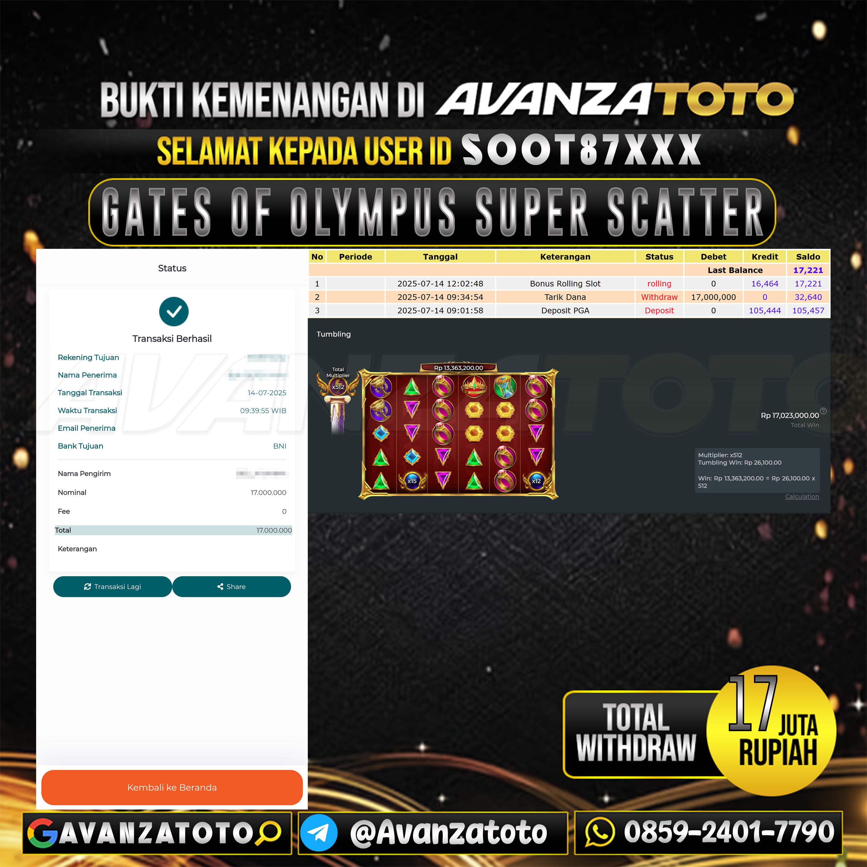 AVANZATOTO JACKPOT SLOT GATES OF OLYMPUS SUPER SCATTER Rp.-17.000.000,-LUNAS USER ID: SOOT87***