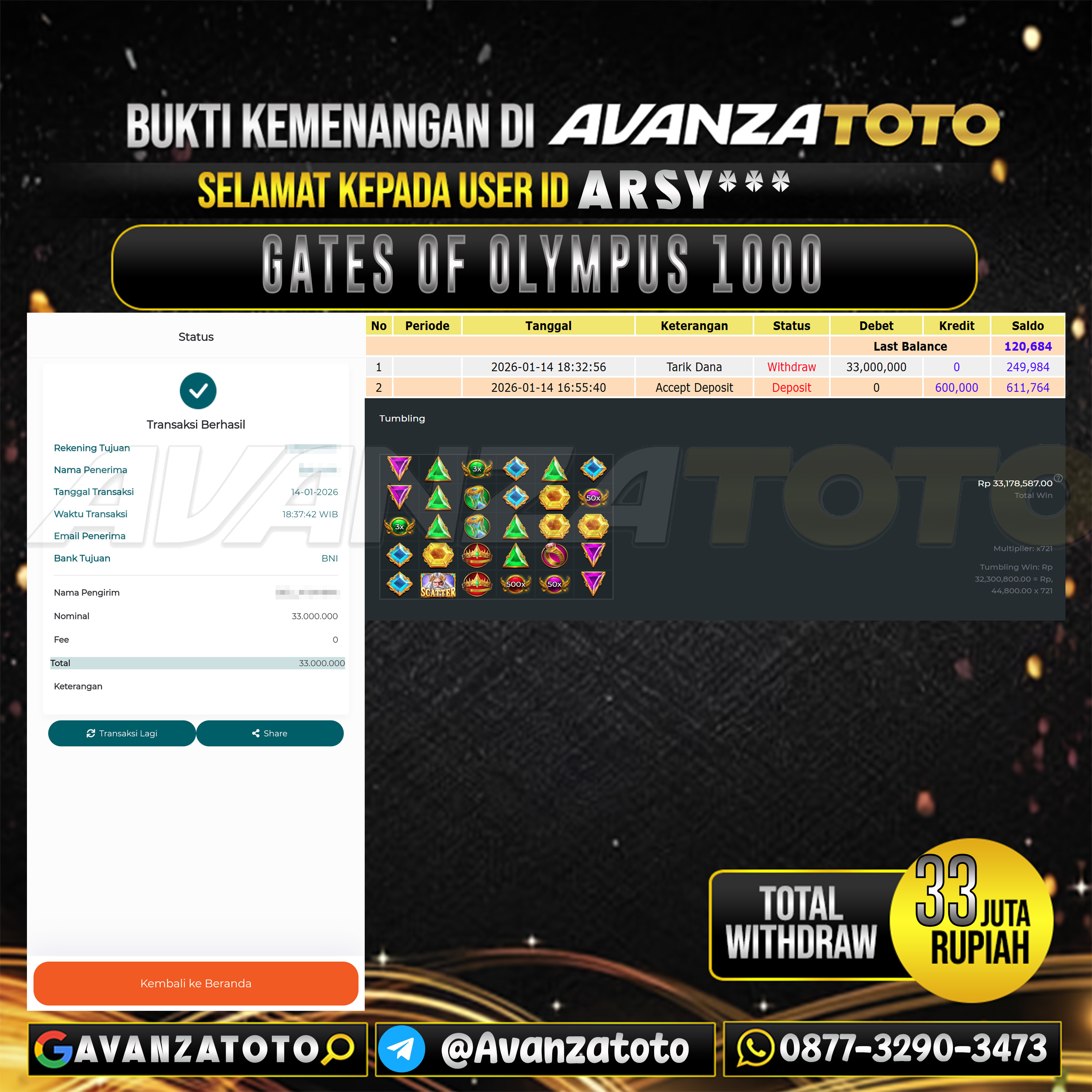 AVANZATOTO JACKPOT SLOT GATES OF OLYMPUS 1000 Rp.33.000.000,-LUNAS USER ID : ARSY***