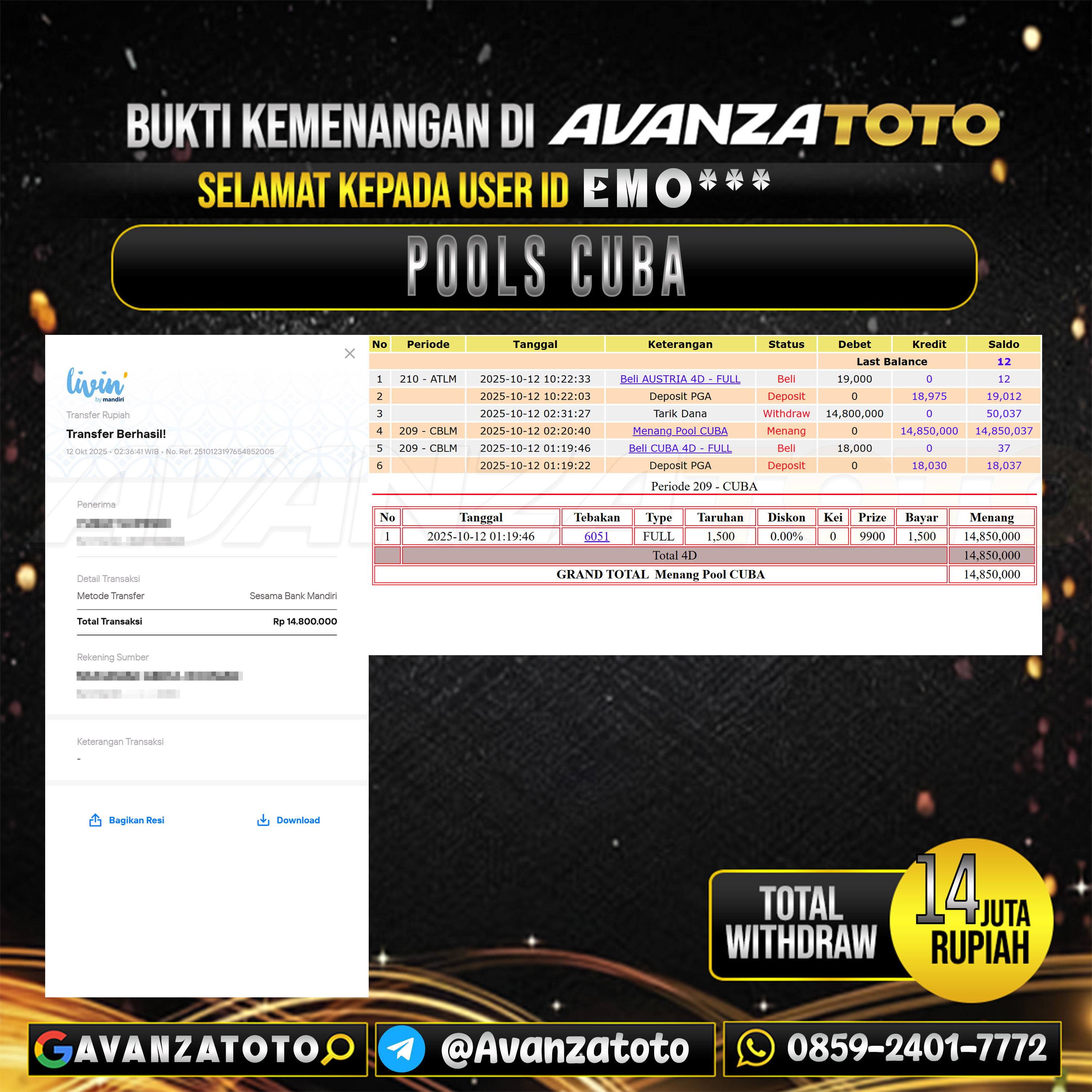 AVANZATOTO JACKPOT TOGEL PASARAN CUBA Rp.14.000.000,-LUNAS USER ID : EMO***