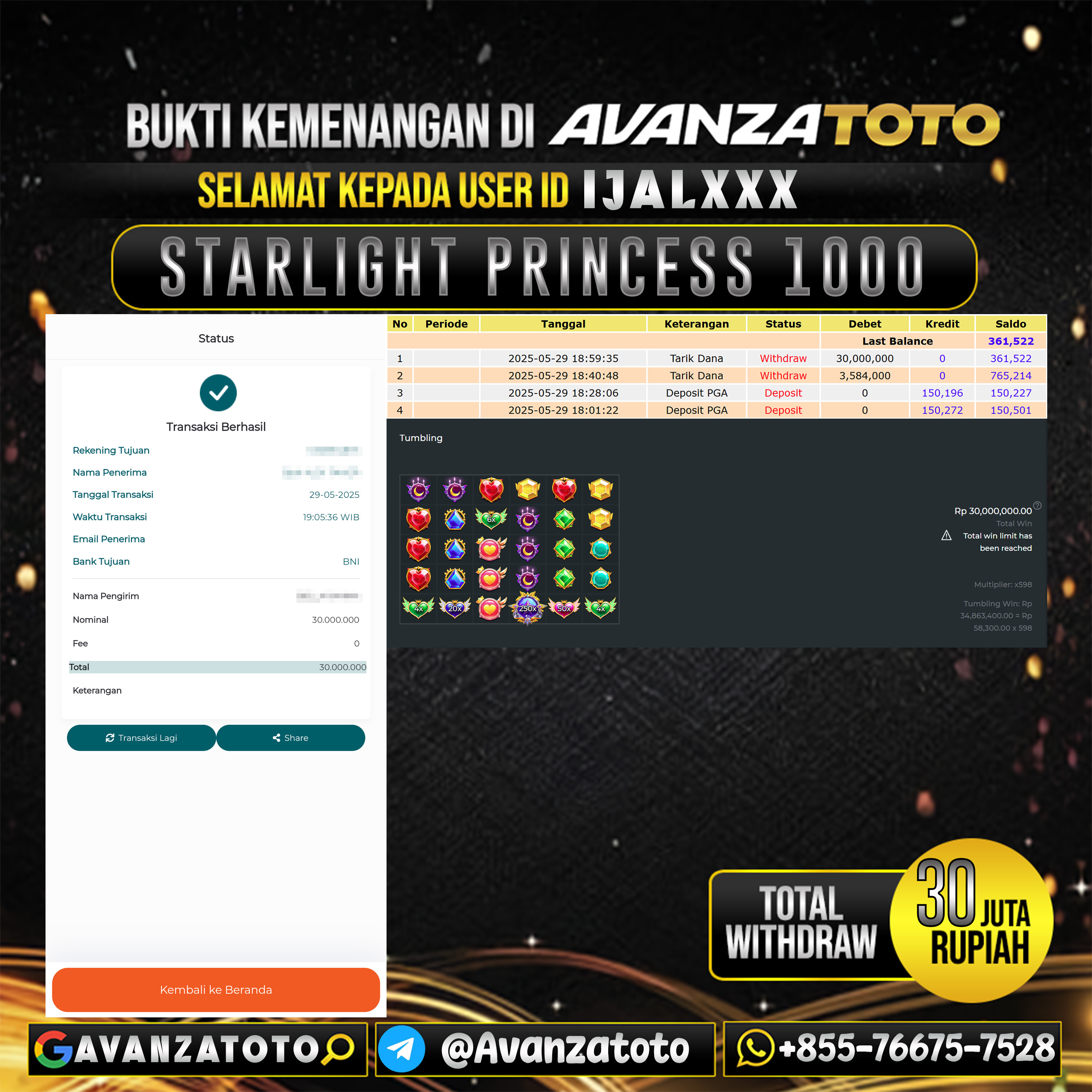 AVANZATOTO JACKPOT SLOT STARLIGHT PRINCESS 1000 Rp.30.000.000,-LUNAS USER ID: IJAL***