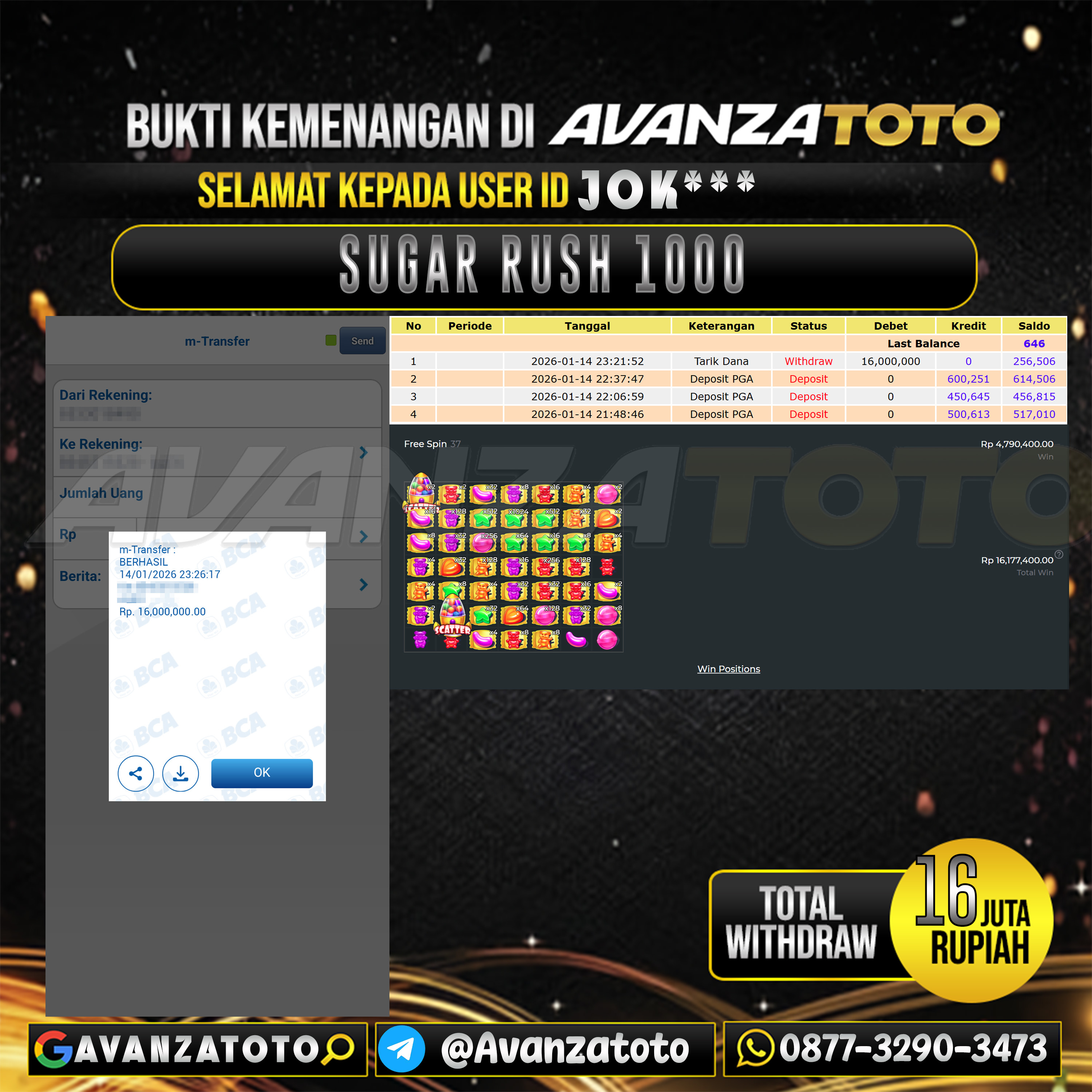 AVANZATOTO JACKPOT SLOT SUGAR RUSH 1000 Rp.16.000.000,-LUNAS USER ID : JOK***