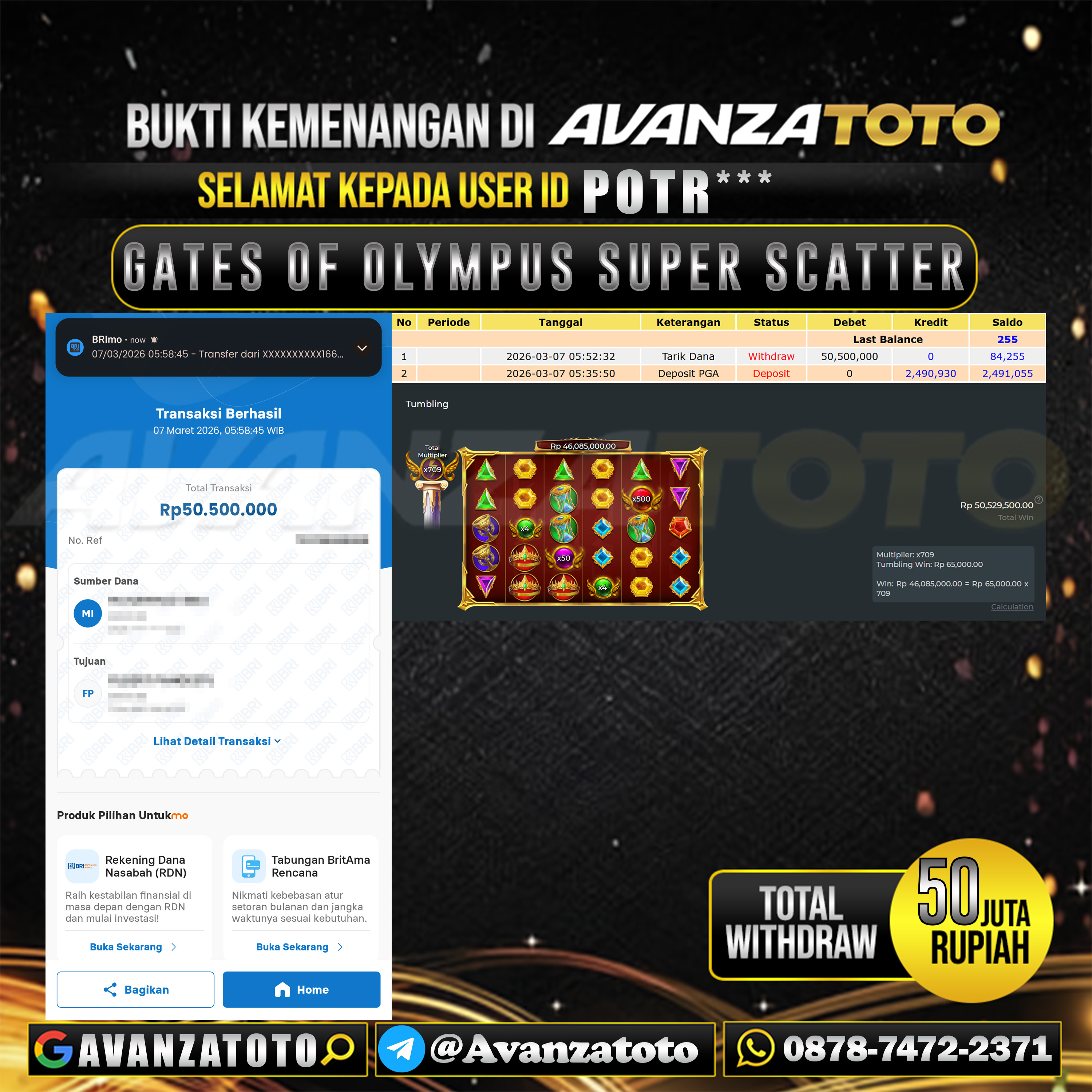 AVANZATOTO JACKPOT SLOT GATES OF OLYMPUS SUPER SCATTER Rp.50.000.000,-LUNAS USER ID : POTR*** 