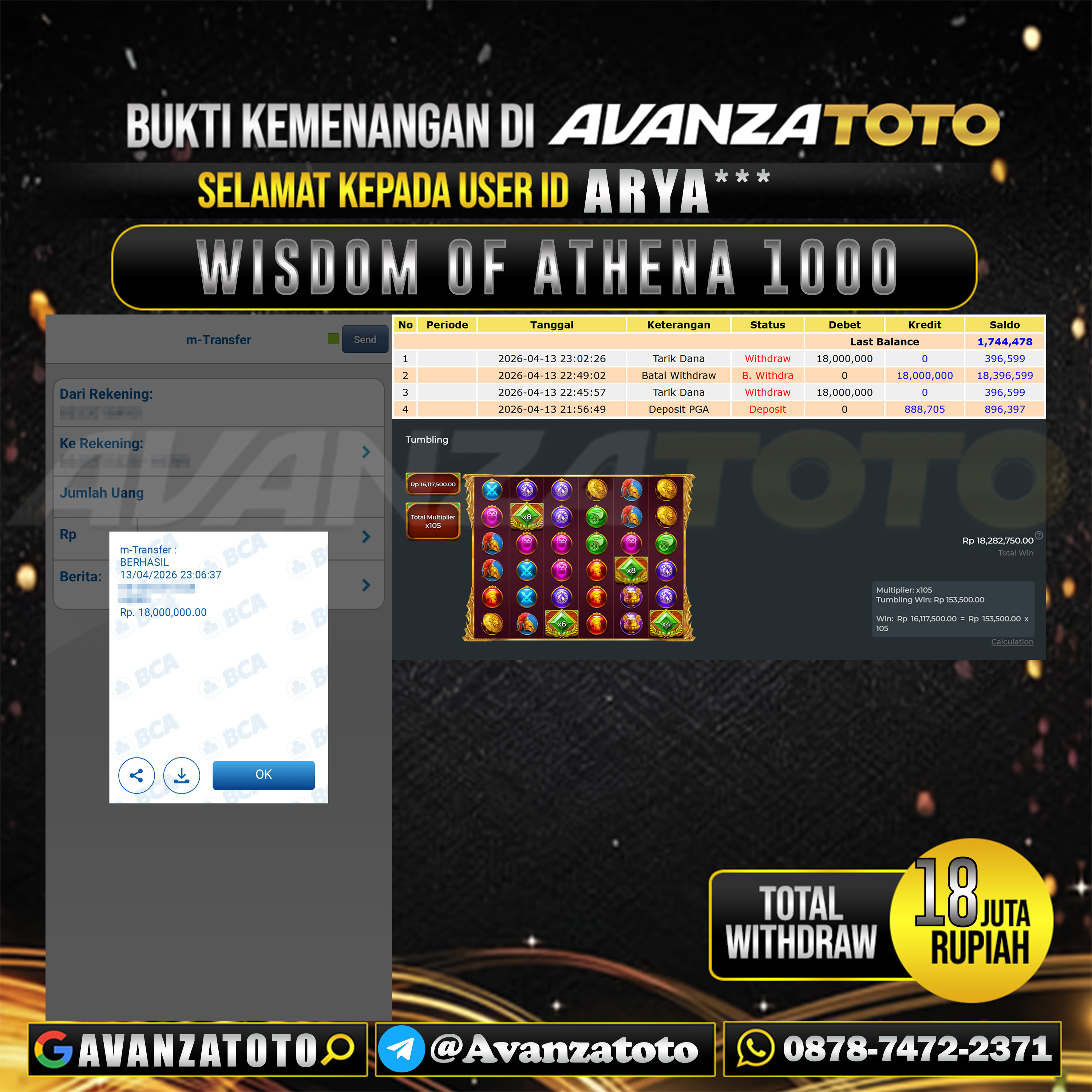 AVANZATOTO JACKPOT SLOT WISDOM OF ATHENA 1000 Rp.18.000.000,-LUNAS USER ID : ARYA***