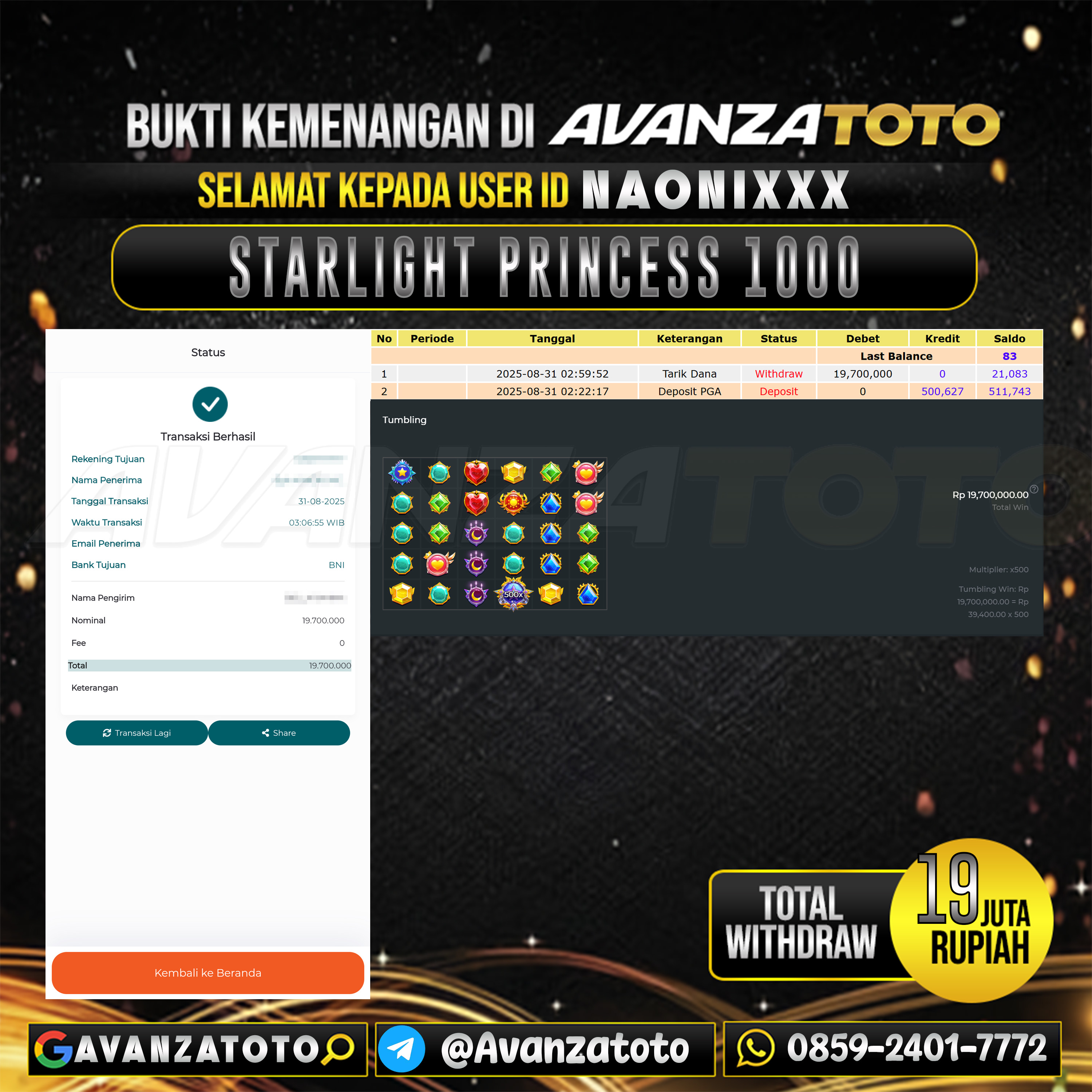 AVANZATOTO JACKPOT SLOT STARLIGHT PRINCESS 1000 Rp.-10.000.000,-LUNAS USER ID: NAONI***