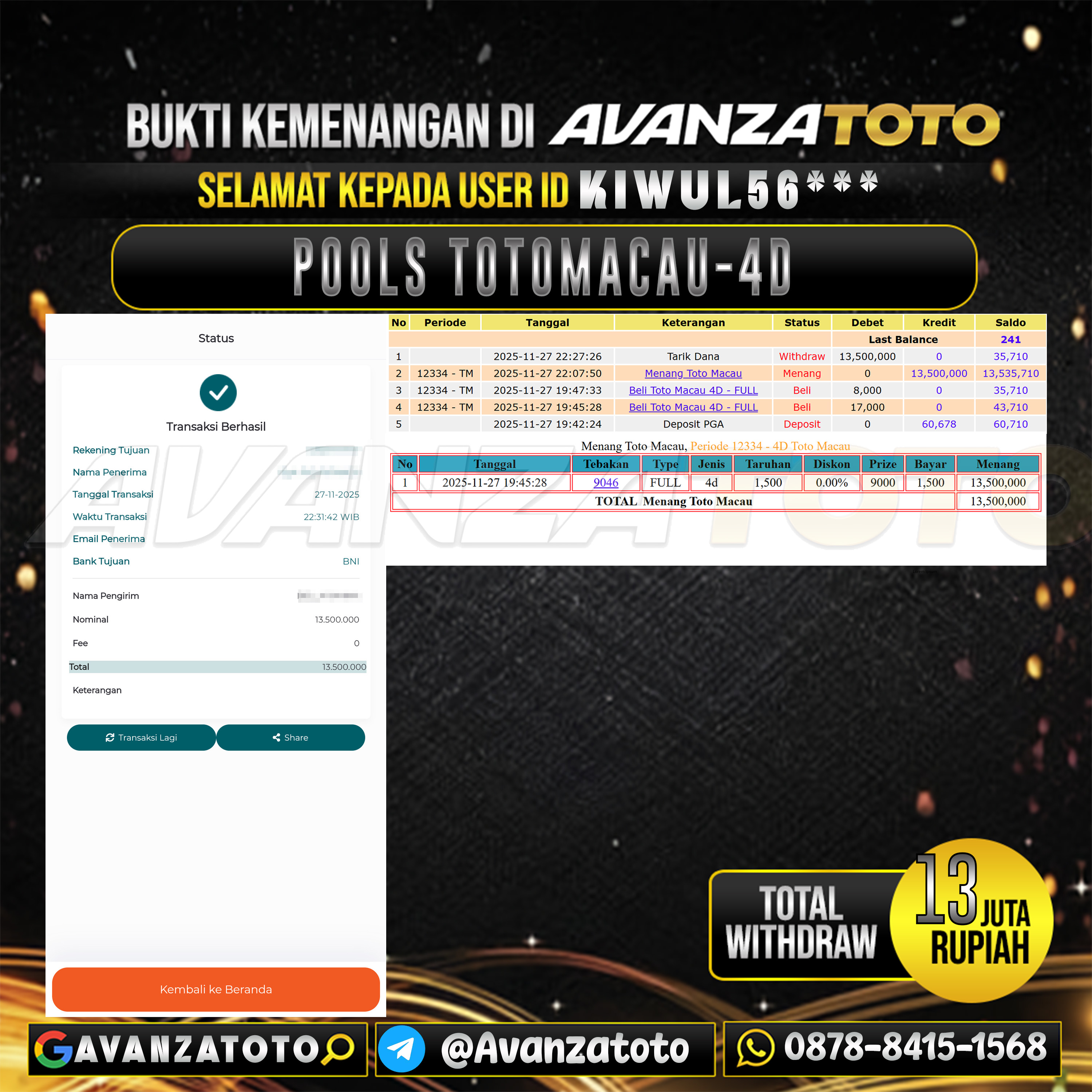 AVANZATOTO JACKPOT TOGEL PASARAN TOTOMACAU-4D Rp.13.000.000,-LUNAS USER ID : KIWUL56***