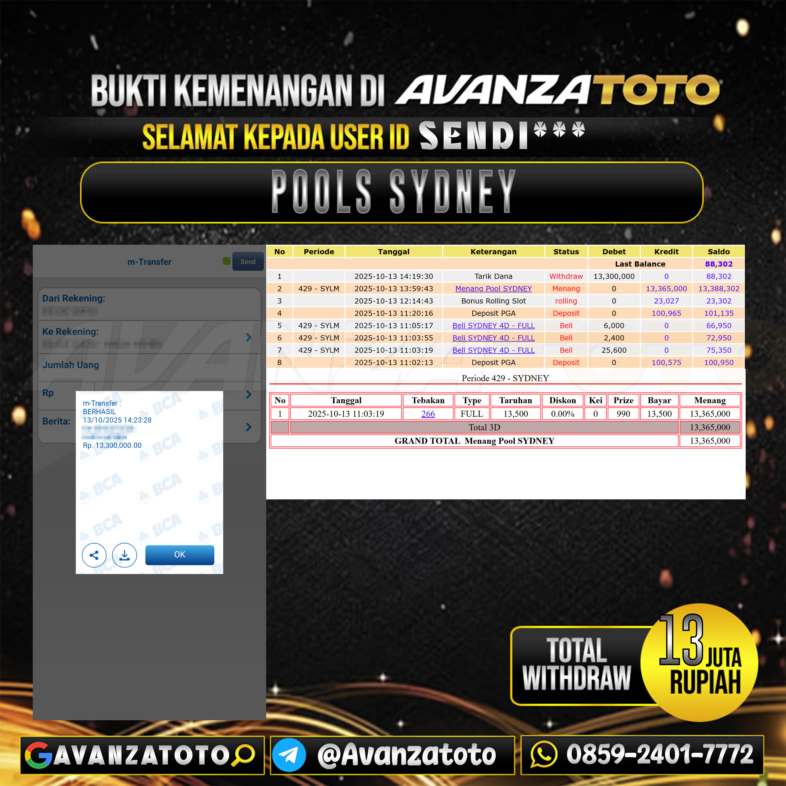 AVANZATOTO JACKPOT TOGEL PASARAN SYDNEY Rp.13.000.000,-LUNAS USER ID : SENDI***
