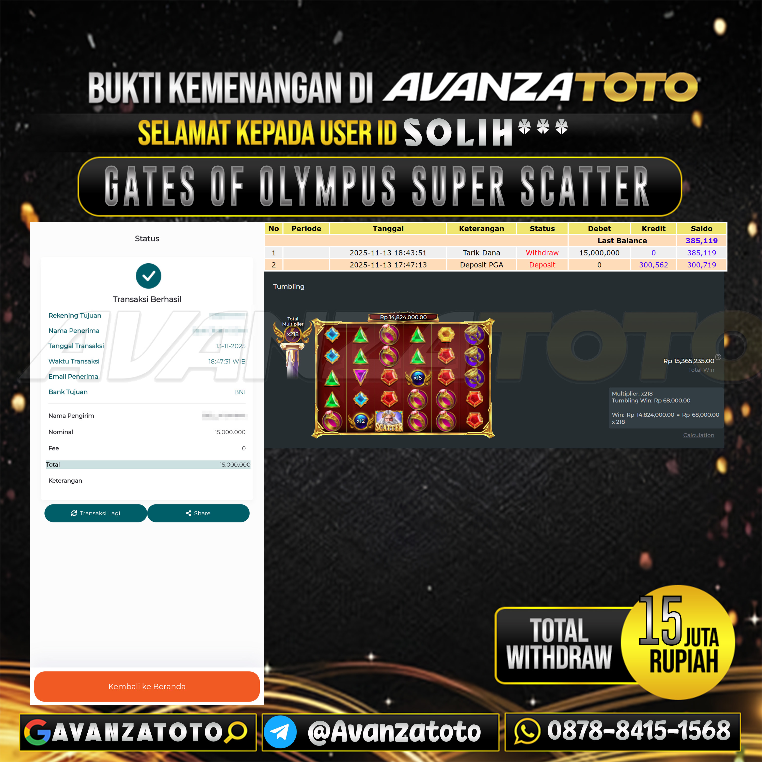 AVANZATOTO JACKPOT SLOT GATES OF OLYMPUS SUPER SCATTER Rp.15.000.000,-LUNAS USER ID: SOLIH***