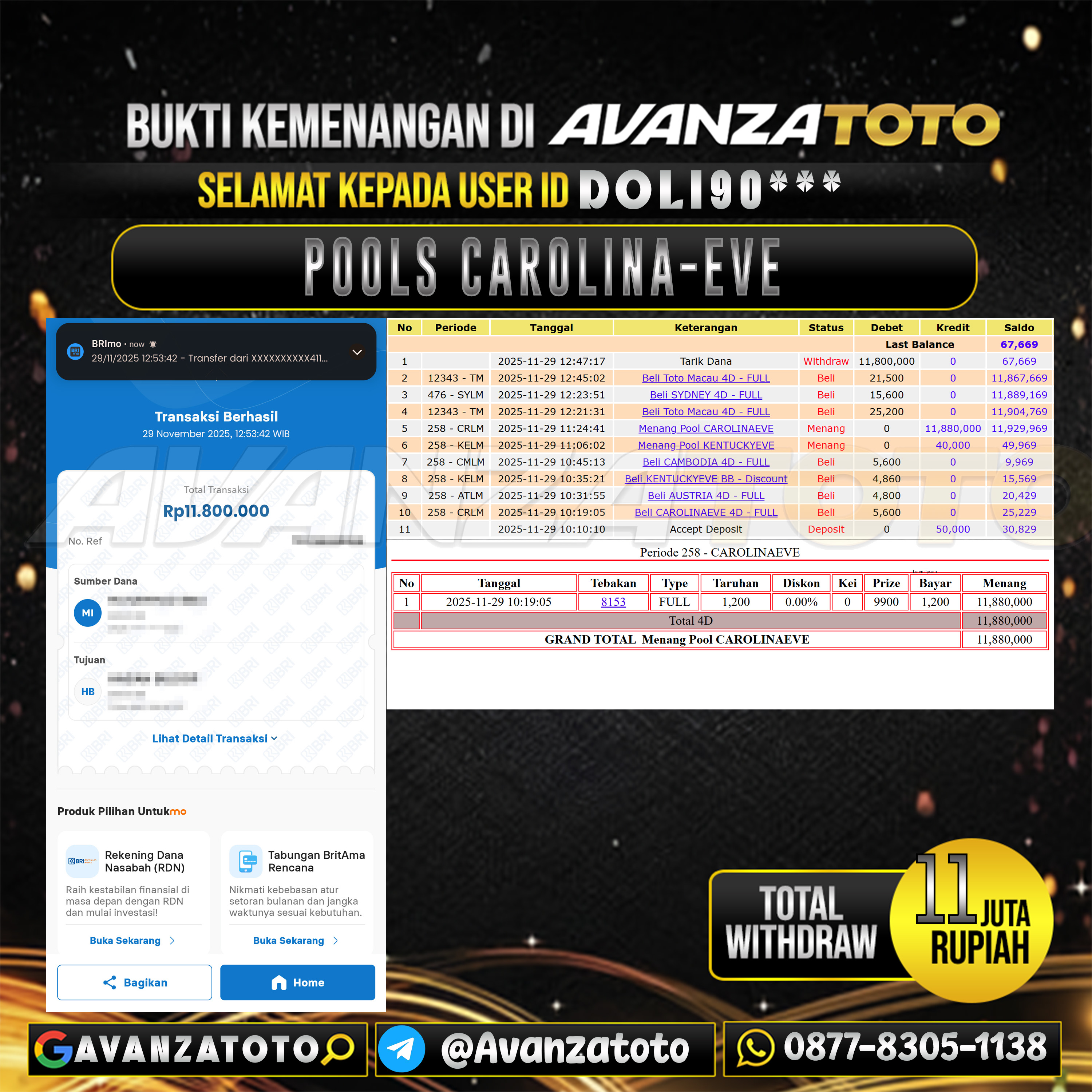 AVANZATOTO JACKPOT TOGEL PASARAN CAROLINA-EVE Rp.11.000.000,-LUNAS USER ID : DOLI90***