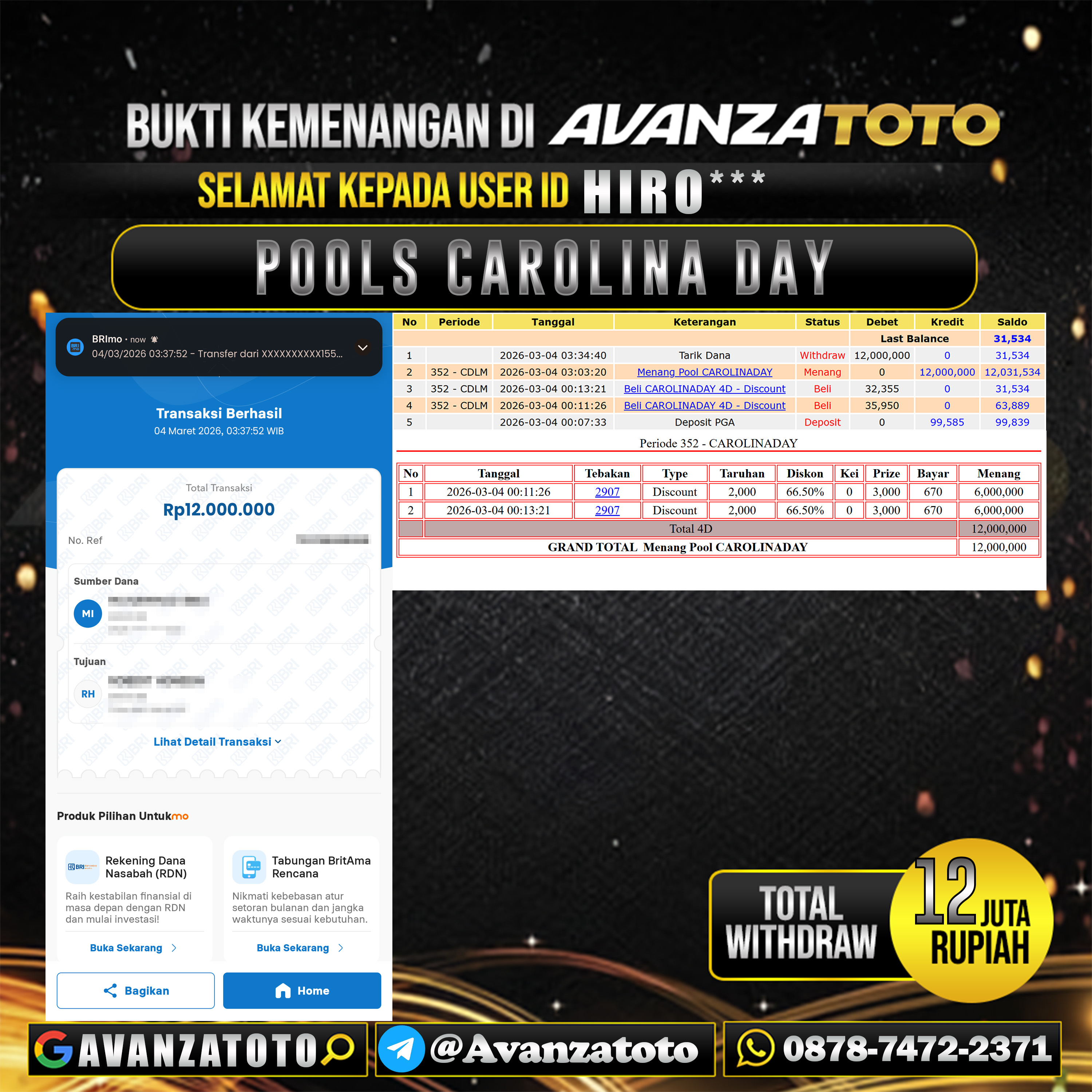 AVANZATOTO JACKPOT TOGEL PASARAN CAROLINA DAY Rp.12.000.000,-LUNAS USER ID : HIRO*** 