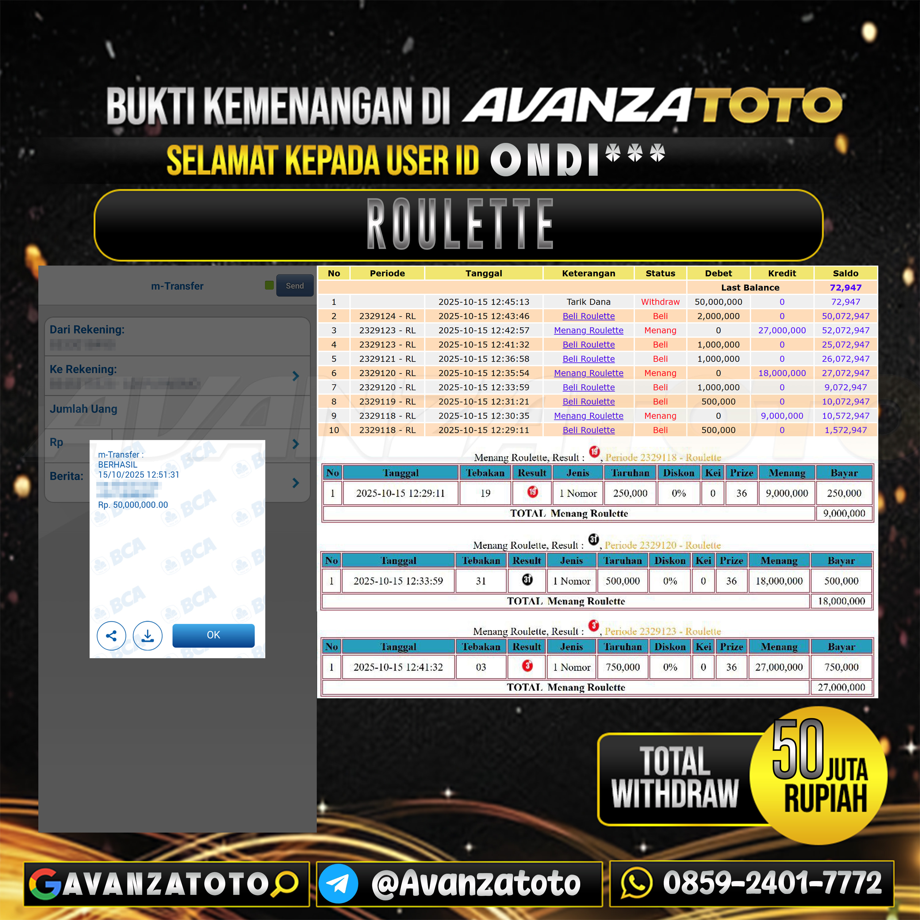 AVANZATOTO JACKPOT CASINO ROULETTE Rp.50.000.000,-LUNAS USER ID: ONDI***