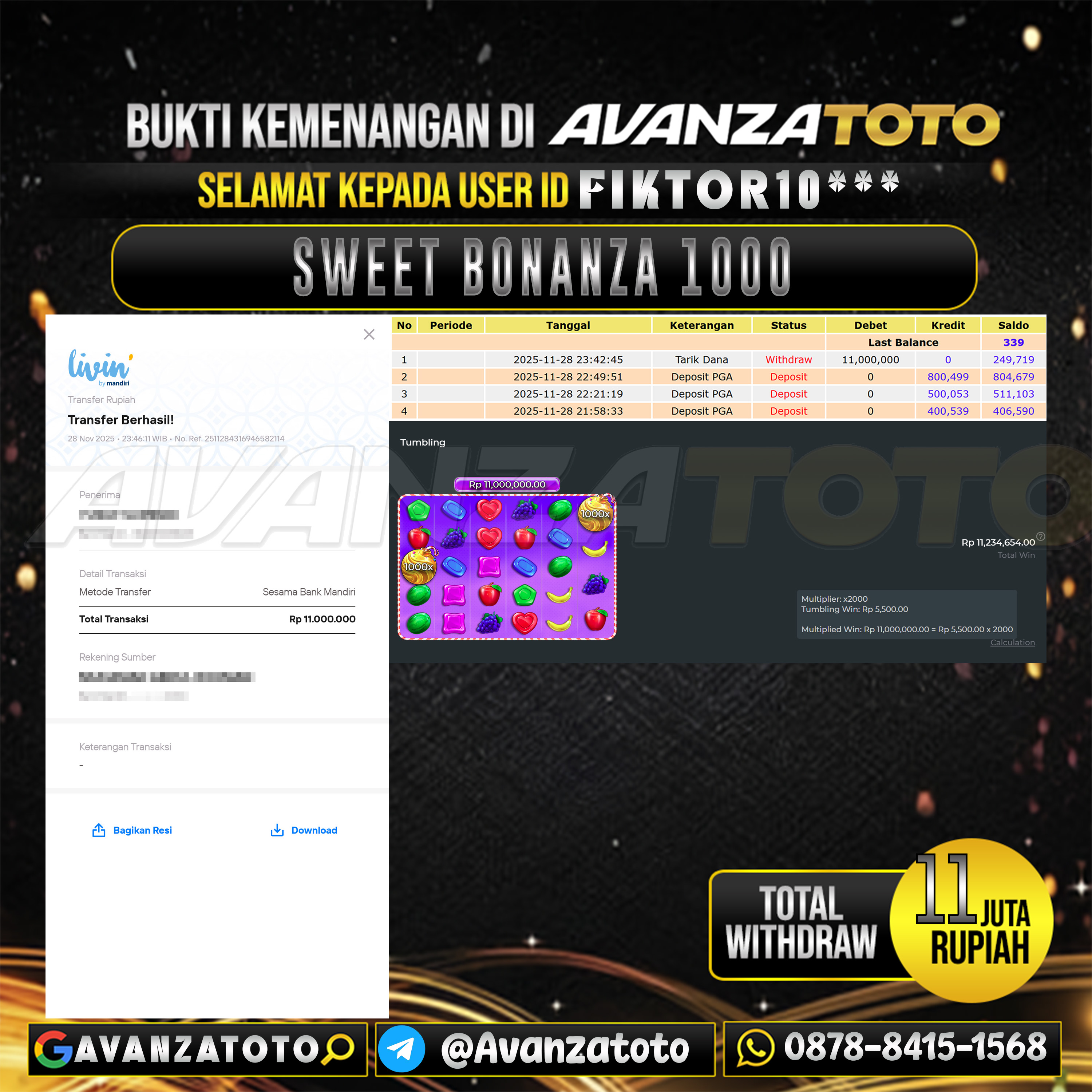 AVANZATOTO JACKPOT SLOT SWEET BONANZA 1000 Rp.11.000.000,-LUNAS USER ID : FIKTOR10***